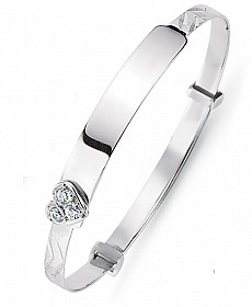Children's 925 Sterling Silver CZ Heart ID Expandable Diamond Cut Bangle