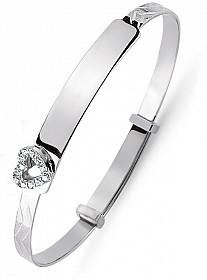 Children's 925 Sterling Silver CZ Heart ID Expandable Diamond Cut Bangle
