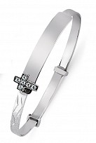 Children's 925 Sterling Silver CZ Cross ID Expandable Diamond Cut Bangle