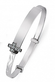 Children's 925 Sterling Silver CZ Cross ID Expandable Diamond Cut Bangle