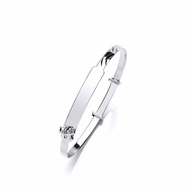 925 Sterling Silver Baby Expandable ID Bangle With Teddy Bear Detail