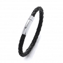 Gents Black Leather Bracelet With Steel Circular Clasp