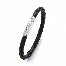 Gents Black Leather Bracelet With Steel Circular Clasp