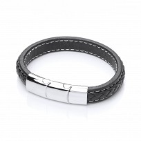 Gents Black Leather Plait Bracelet With Steel Design Clasp