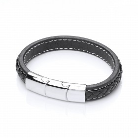 Gents Black Leather Plait Bracelet With Steel Design Clasp