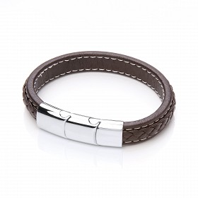 Gents Brown Leather Plait Bracelet With Steel Design Clasp