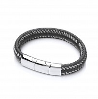 Gents Black Leather Plait Bracelet With Steel Design Clasp