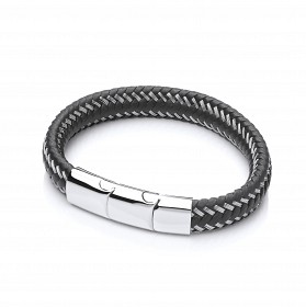 Gents Black Leather Plait Bracelet With Steel Design Clasp