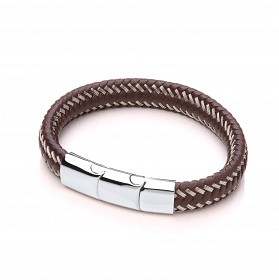 Gents Brown Leather Plait Bracelet With Steel Design Clasp