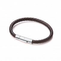 Gents Black Leather Plait Bracelet With Steel Design Clasp