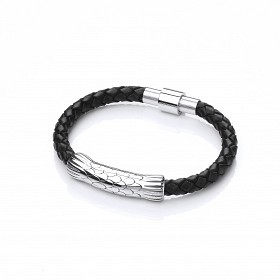 Gents Stainless Steel & Black Leather Plait Bracelet