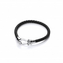 Gents Stainless Steel & Black Leather Plait Buckle Bracelet