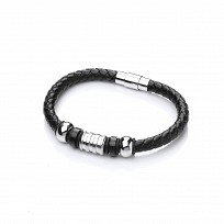 Gents Stainless Steel & Black Leather Plait Bracelet