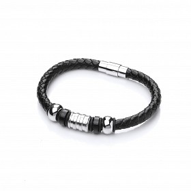 Gents Stainless Steel & Black Leather Plait Bracelet