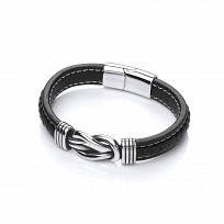 Gents Stainless Steel & Black Leather Plait Bracelet