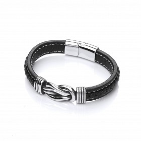 Gents Stainless Steel & Black Leather Plait Bracelet