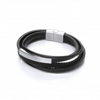 Gents Stainless Steel & Black Leather Plait Bracelet