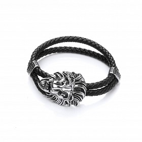 Gents Stainless Steel & Leather Lion Head Plait Bracelet