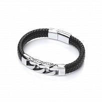 Gents Curb Link Stainless Steel & Black Leather Bracelet