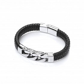 Gents Curb Link Stainless Steel & Black Leather Bracelet