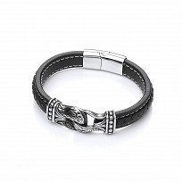 Gents Stainless Steel Design & Black Leather Plait Bracelet