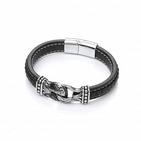 Gents Stainless Steel Design & Black Leather Plait Bracelet