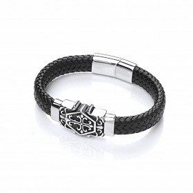 Gents Stainless Steel Design & Black Leather Bracelet