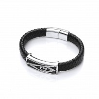 Gents Stainless Steel 'G' Design & Black Leather Bracelet