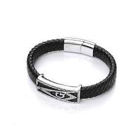 Gents Stainless Steel 'G' Design & Black Leather Bracelet