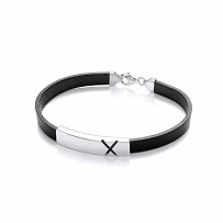 Gents Black Leather Bracelet With 'X' Silver Design Plate