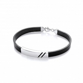 Gents Black Leather Bracelet With Silver Design Plate