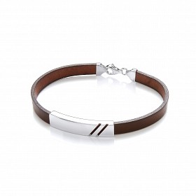 Gents Brown Leather Bracelet With Silver Design Plate