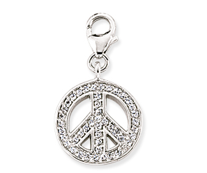 925 Sterling Silver Peace Sign Charm with Cubic Zirconia Stones