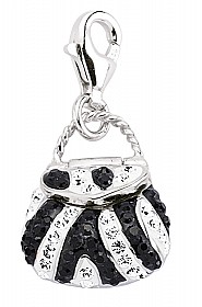 925 Sterling Silver Handbag Charm with Black & White Crystal
