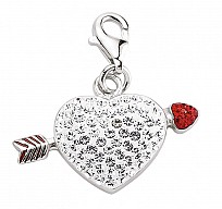 925 Sterling Silver Heart & Arrow Charm with White & Red Crystal