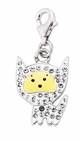 925 Sterling Silver Enamel Cat Charm with White & Red Crystals