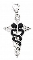 925 Sterling Silver Black Enamel Rod of Asclepius Medical Charm with Black Crystals