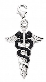 925 Sterling Silver Black Enamel Rod of Asclepius Medical Charm with Black Crystals