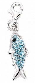 925 Sterling Silver Fish Charm with Aqua Crystals