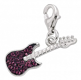 925 Sterling Silver Guitar Charm with Amethyst Crystals
