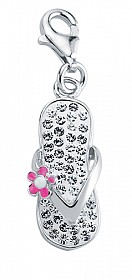 925 Sterling Silver Crystal Flip Flop Charm With A Pink Enamel Flower