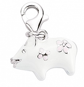 925 Sterling Silver Enamel Pink & White Pig Charm