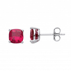 925 Sterling Silver Ruby 6MM CZ Cushion Cut Stud Earrings
