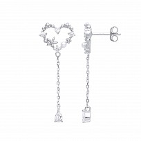 Silver CZ Heart & Pearl Chain Drop Earrings