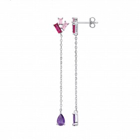 Silver Amethyst, Ruby & Pink Chain Drop Earrings