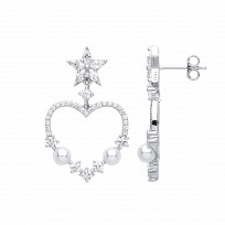 Silver CZ & Pearl Heart & Star Drop Earrings