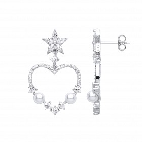 Silver CZ & Pearl Heart & Star Drop Earrings