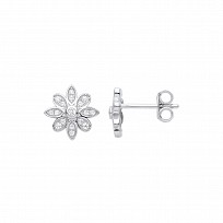 Silver CZ Flower Stud Earrings