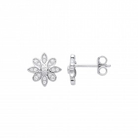 Silver CZ Flower Stud Earrings