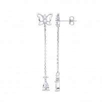 Silver CZ Butterfly Chain Drop Earrings